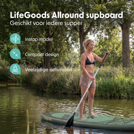 LifeGoods SUP Board All-round Compact - 100 KG Load Capacity - 300 x 76 cm - Inflatable - Complete SUP Package - Green/Leger Green