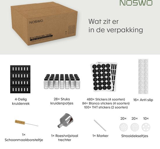 Noswo Spice Rack Drawer - With 28 Jars - Complete Set - Square - Sprinkle Lid and Labels - Spice Organiser - Kitchen Drawer Organiser - Black