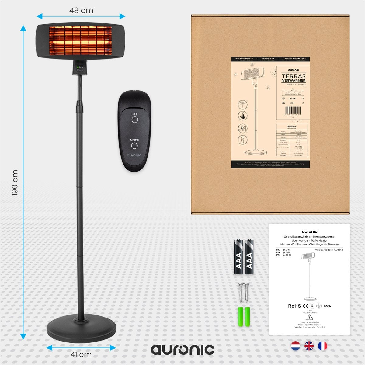 Chauffage de terrasse - Auronic - Électrique - 2000W - Télécommande incluse - 3 niveaux - Noir