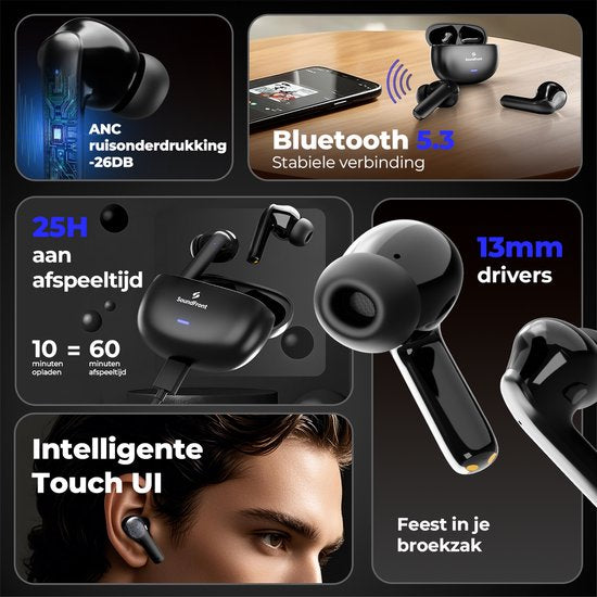 Soundfront Ultimate Wireless Earphones - Ecouteurs Bluetooth - 26dB Active Noise Cancelling - Ecouteurs sans fil - Convient aux Smartphones et aux ordinateurs portables - Noir