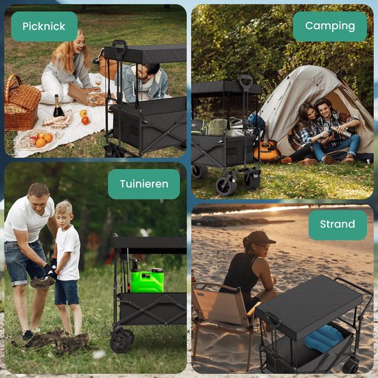 Avalo Wagon Avec Toit XL - Pliable - Jusqu'à 110KG - 97x60x105 CM - 120L - Roues 360º - Noir