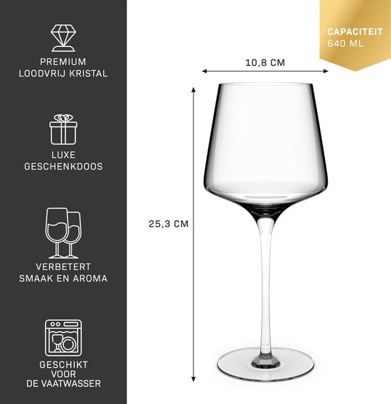 BarDeluxe® Wine Glasses Red Wine - Luxury Gift - Crystal Wine Glass 640ml - Red Wine Glasses Crystal - Handmade - Perfect for Bar or Diner