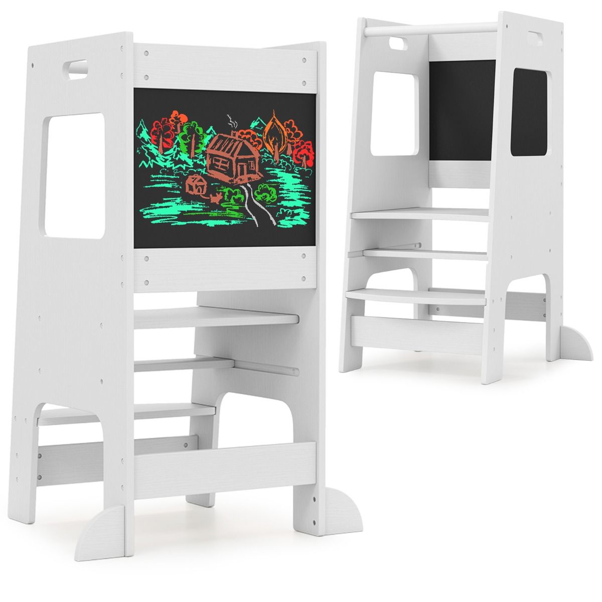Coast Kitchen Steps for Toddlers - Tabouret en bois pour enfants avec tableau d'activités - Réglable 30/40 cm - Rail de sécurité - Blanc 60 x 49 x 91.5 cm