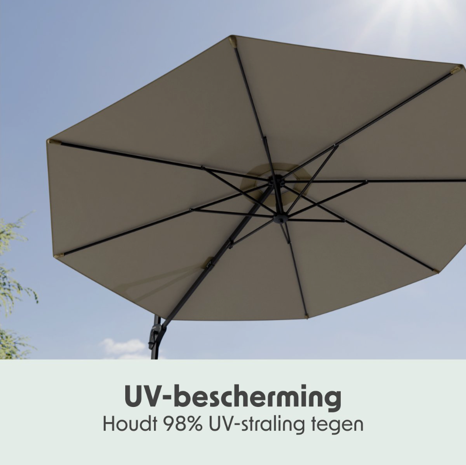 LifeGoods Parasol flottant Ø300 cm - Rotation 360° - 6 pieds - Housse incluse - Taupe