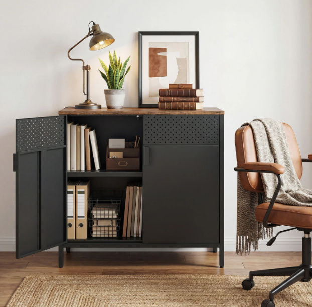 Joyfurnos : meuble de rangement noir avec porte et étagère réglable - 80 x 40 x 76 cm