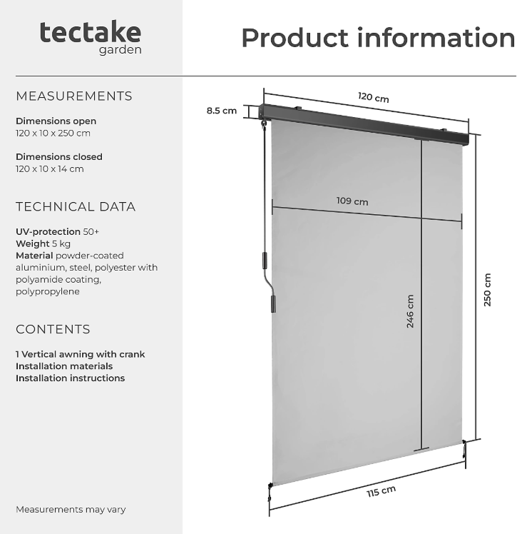 tectake Auvent vertical Eloise – Extensible – 120 x 250 cm – Gris clair