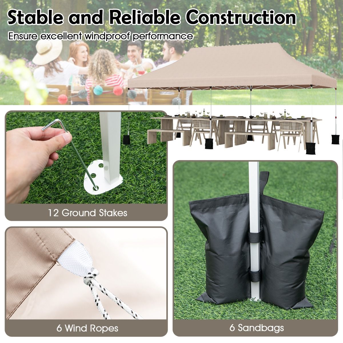 Pavillon de jardin pliable Coast - Tente de fête imperméable - Protection solaire - 300 x 600 cm - Beige