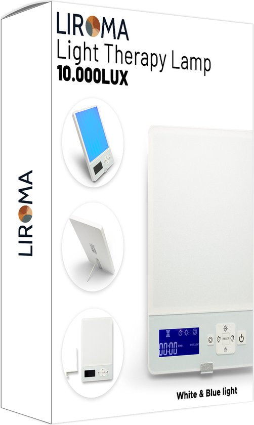 LIROMA® Lampe à lumière du jour - Lumière bleue et blanche - 10 000 LUX - Minuterie - Luminothérapie - Lampe de bureau