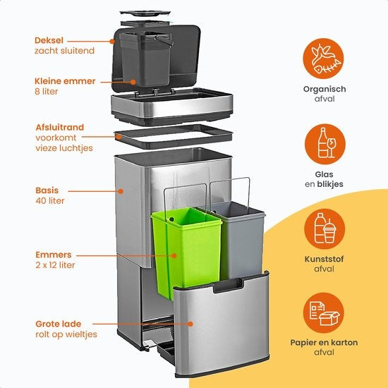 Poubelle de tri sélécrtif automatique - Goliving  - 64 L - Poubelle à détécteur - Séparation des déchets - Détecteur mains libres - Résistant à l'humidité - Acier inoxydable - 40L + 2x12L + 8L - Argenté