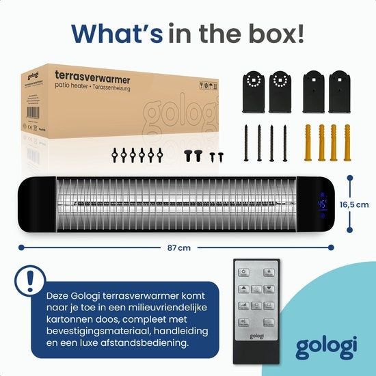 Gologi Smart Terrace Heater - Chauffage électrique - 2000W - Chauffage - Contrôlé par App ou télécommande - Fixation murale - Intérieur et extérieur - Noir