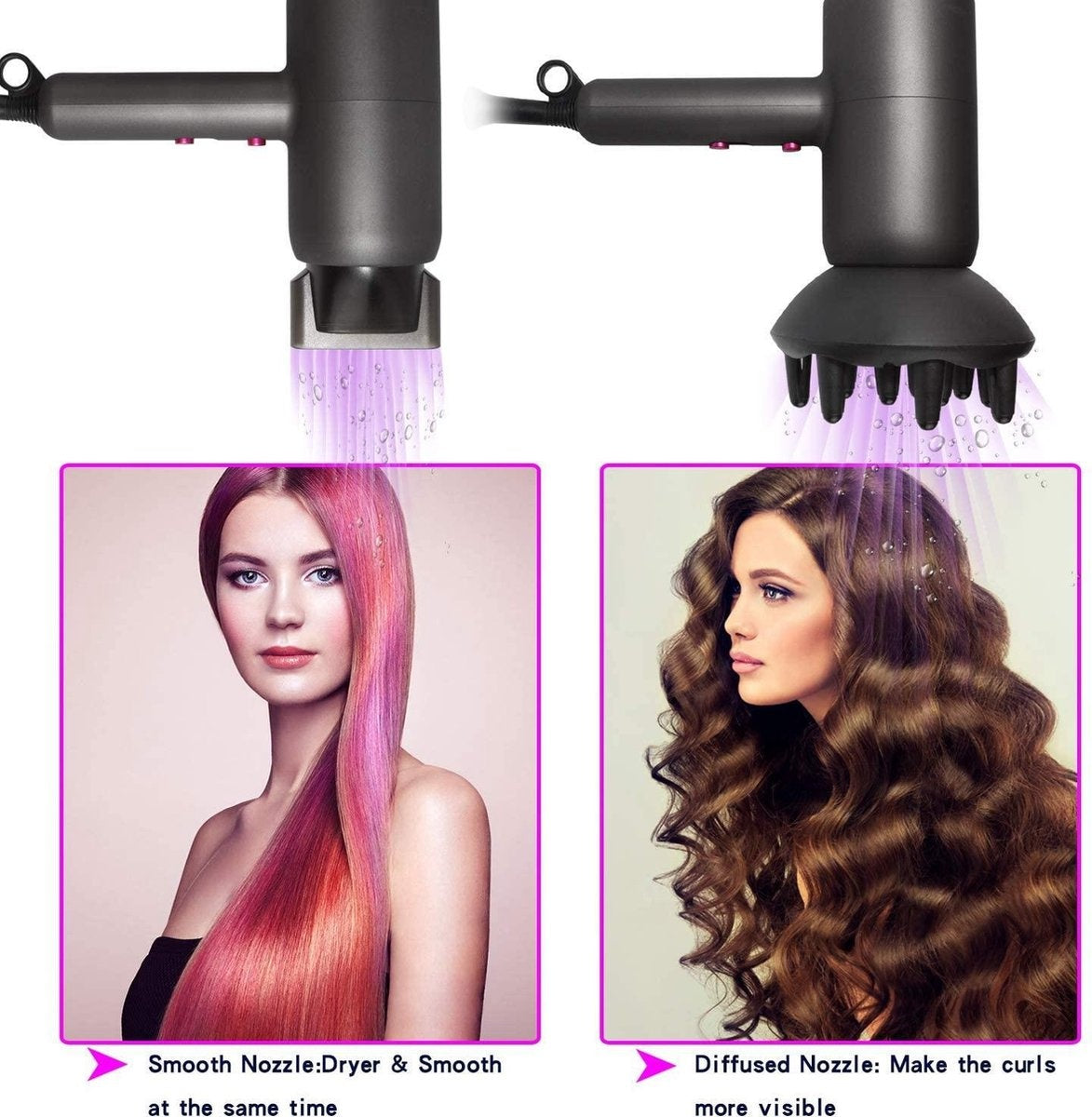 Sèche-cheveux professionnel 3 en 1 - Sèche-cheveux ionique négatif - Avec diffuseur - 3 températures - 2 vitesses