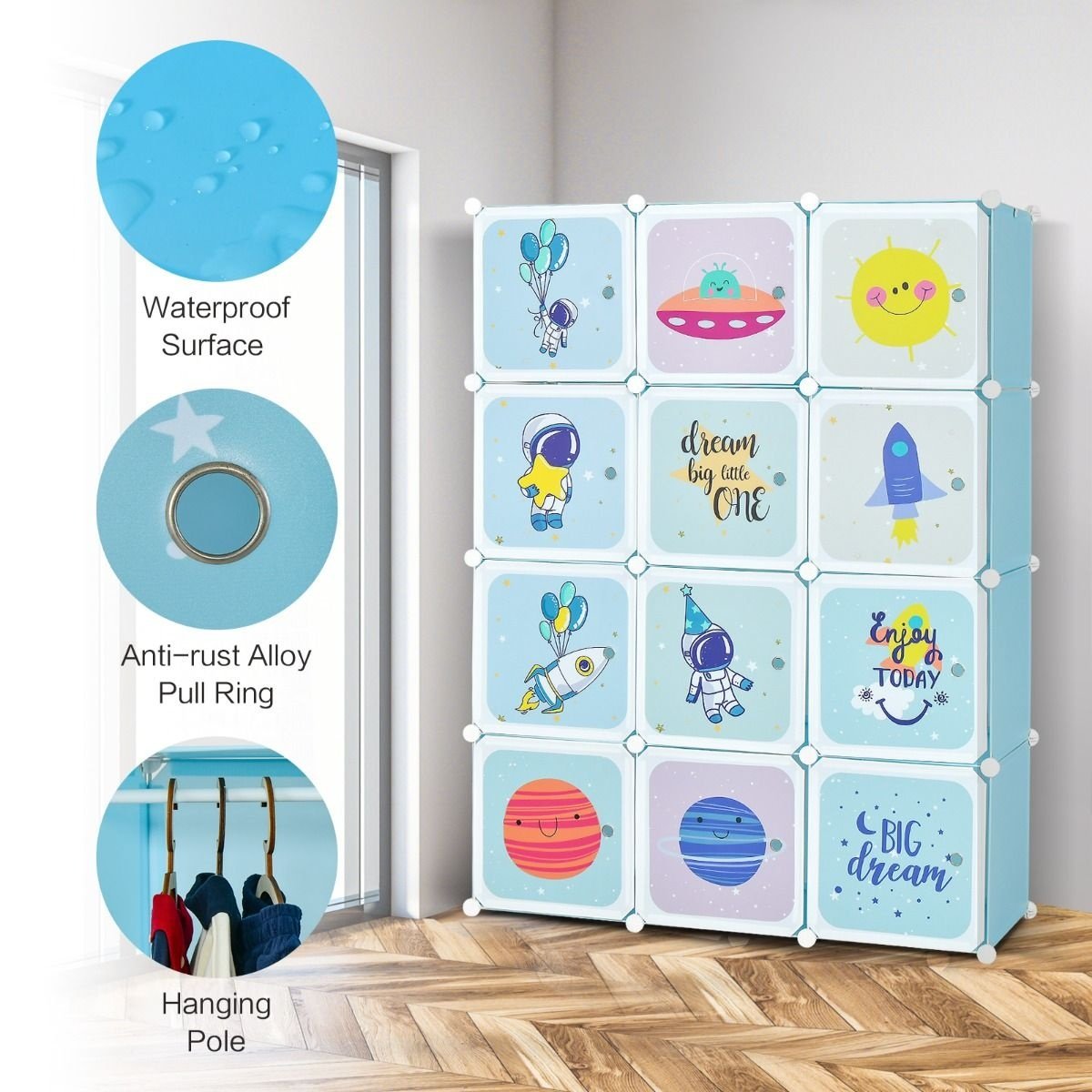 Penderie pour enfants Penderie pour bébés avec 2 sections suspendues et 12 cubes Mignonne commode de dessin animé pour chambre d'enfant Salle de jeux