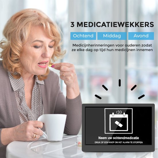 TTD® Dementia Clock XXL 10 pouces avec câble extra long - Horloge calendrier avec jour, date et météo - Affichages analogique et numérique - 20 alarmes et 3 alarmes médicales - Wi-Fi - Pour les personnes âgées, les malvoyants, les seniors et les personnes