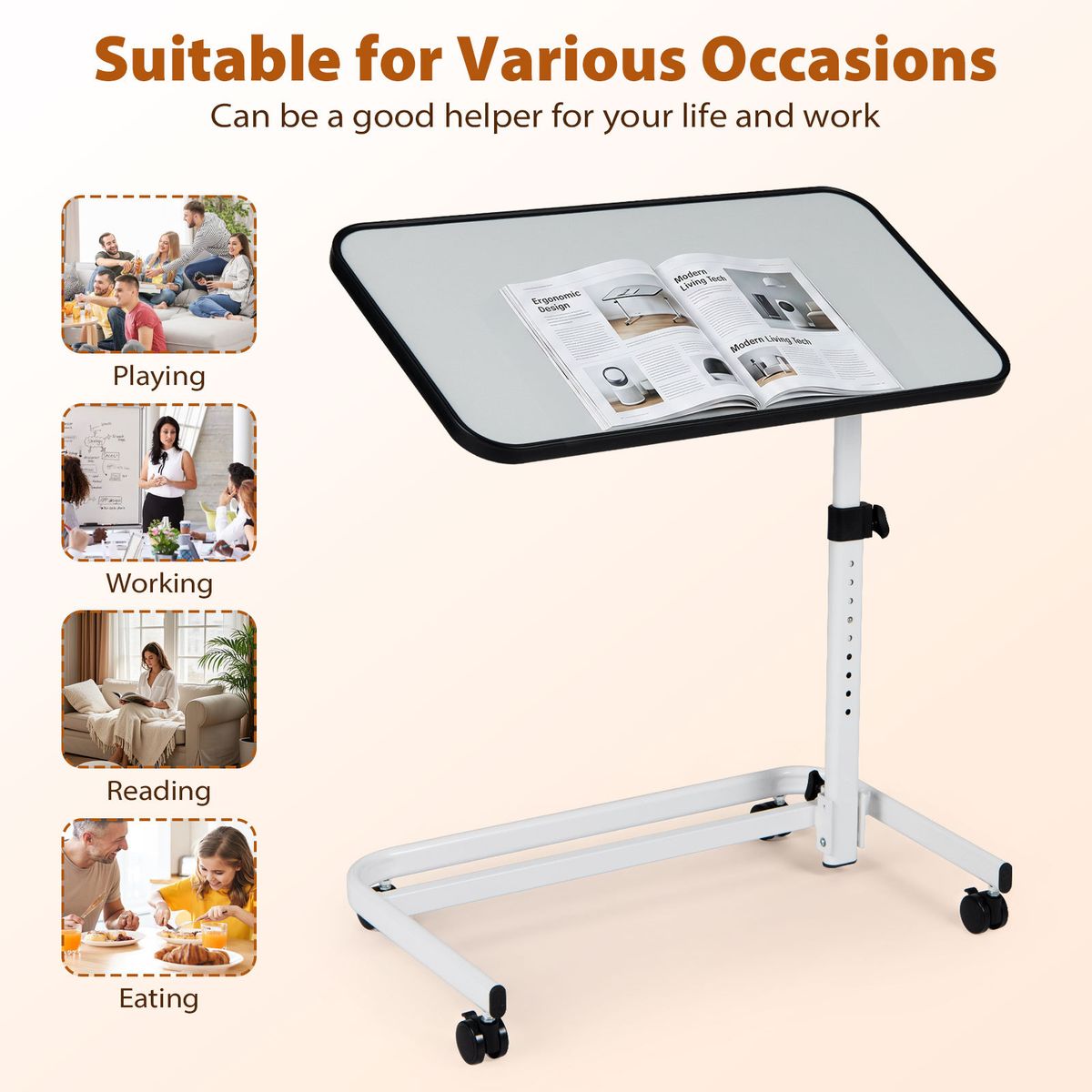 Table de lit mobile Coast - hauteur réglable - plateau inclinable - blanc