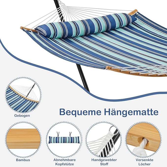 Hamac Yaheetech XXL avec support - Rayures bleues - Hamac réglable pour 2 personnes avec coussin et sac de transport