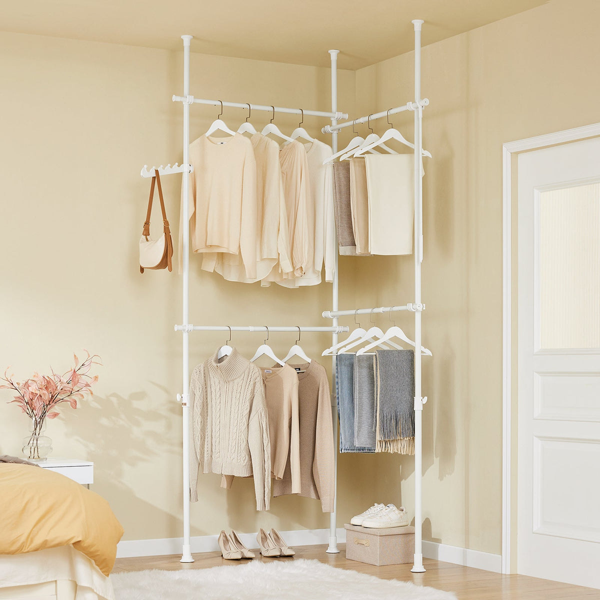 SoBuy KLS03-II-W Tringle à vêtements robuste et extensible - Réglable 124-226 × 200-295 cm - Blanc