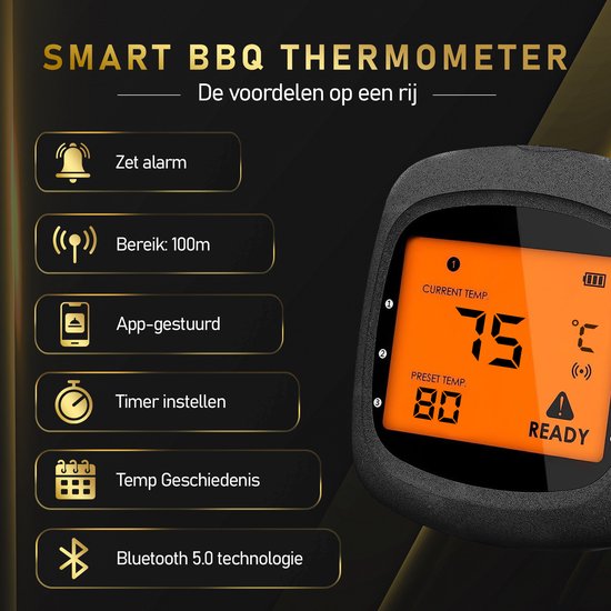 MostEssential PRO-3 Thermomètre à viande numérique - Thermomètre pour barbecue - Sans fil avec application - Bluetooth 5.0 - Portée de 100 m - 3 sondes de mesure et étui de rangement de luxe inclus