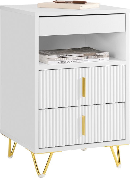 SoBuy Table de chevet, table de chevet avec 3 tiroirs et une étagère, table d'appoint moderne pour la chambre et le salon, blanc, 40 x 40 x 63 cm (l x p x h) FBT168-W