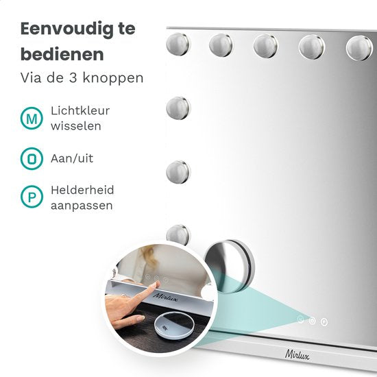 Mirlux Hollywood Mirror 58x48CM - Bluetooth Mirror with 2 Speakers - Make Up Mirror with Lighting - 15x LED Lamps - 3 Light Modes - 10x Magnification - Hollywood Mirror with USB & USB-C - Luxury White Make-Up Mirror for Dressing Table or Bathroom