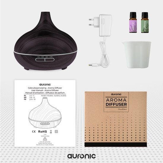 Auronic Diffuseur d'arômes - 300 ml - Humidificateur - 7 couleurs LED - 2 huiles incluses - Brun foncé