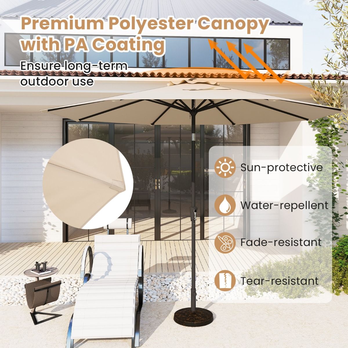 Coast Terrace Parasol 303 cm Beige - Parasol inclinable avec manivelle, 8 balais et double toit pour jardin, terrasse ou piscine