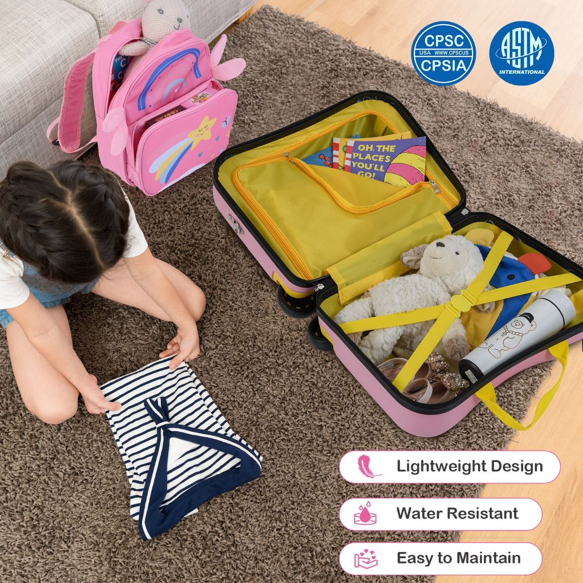 Ensemble valise et sac à dos pour enfant Coast - valise-siège avec motif d'abeilles - poignée réglable - rose