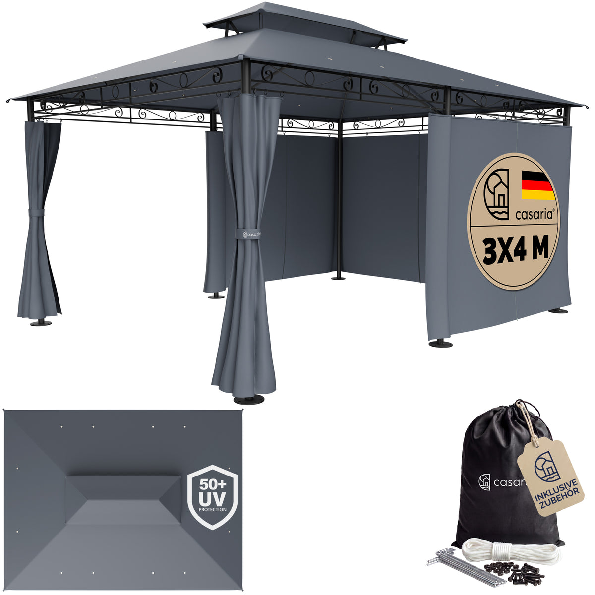 Pavillon Casaria Topas 3 x 4 m - Avec parois latérales et toit ventilé - Protection UV 50+ - Structure en acier - Anthracite