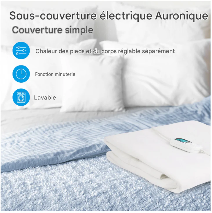 Auronic - Couverture électrique de luxe - 150x80 cm - Polyester blanc - 9 niveaux de chaleur et zone de pieds réglables séparément - Minuterie et protection contre la surchauffe - Lavable