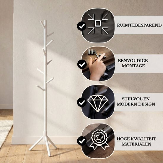 Bayt Porte-manteau - Porte-manteau sur pied - Porte-manteau bois - Porte-manteau sur pied - Porte-manteau - 8 crochets - 175 cm - Blanc