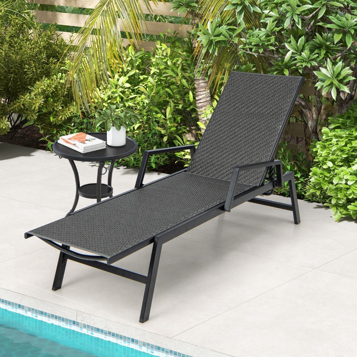 Chaise longue Coast Rotan - Dossier réglable sur 5 positions - Avec accoudoirs - Marron et noir