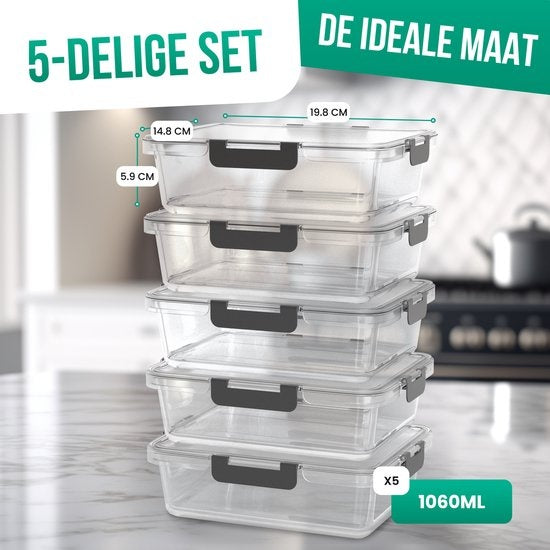 Avalo Plateaux de conservation en verre - Plateaux de préparation de repas - Plateaux de congélation - Avec couvercle - 5 pièces 1060ml