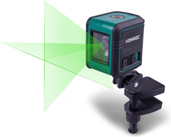 VONROC Cross Line Laser - Vert - Auto-nivelant - 18 mètres - Support de montage et sac de rangement inclus