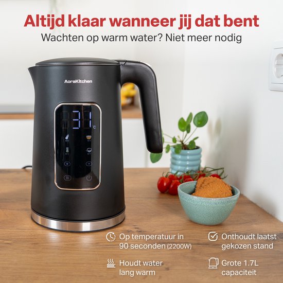 Bouilloire AoraKitchen - Ecran tactile LED - Réglage de la température - Bouilloires - 1.7L - Electrique - Cool Touch - Noir