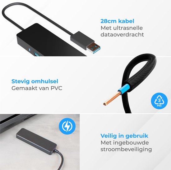 Nuvance - Hub USB 3.0 - 4 ports - Inclut un convertisseur USB C - Répartiteur USB - Noir