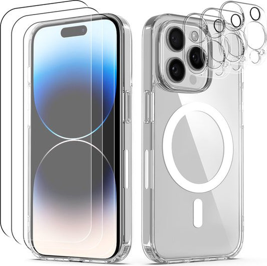 Podec Magsafe Case Suitable for iPhone 14 Pro Max - With 3x Screen Protector + 3x Camera Protector - Magnetic with Ring Transparent - Phone Case Transparent Case