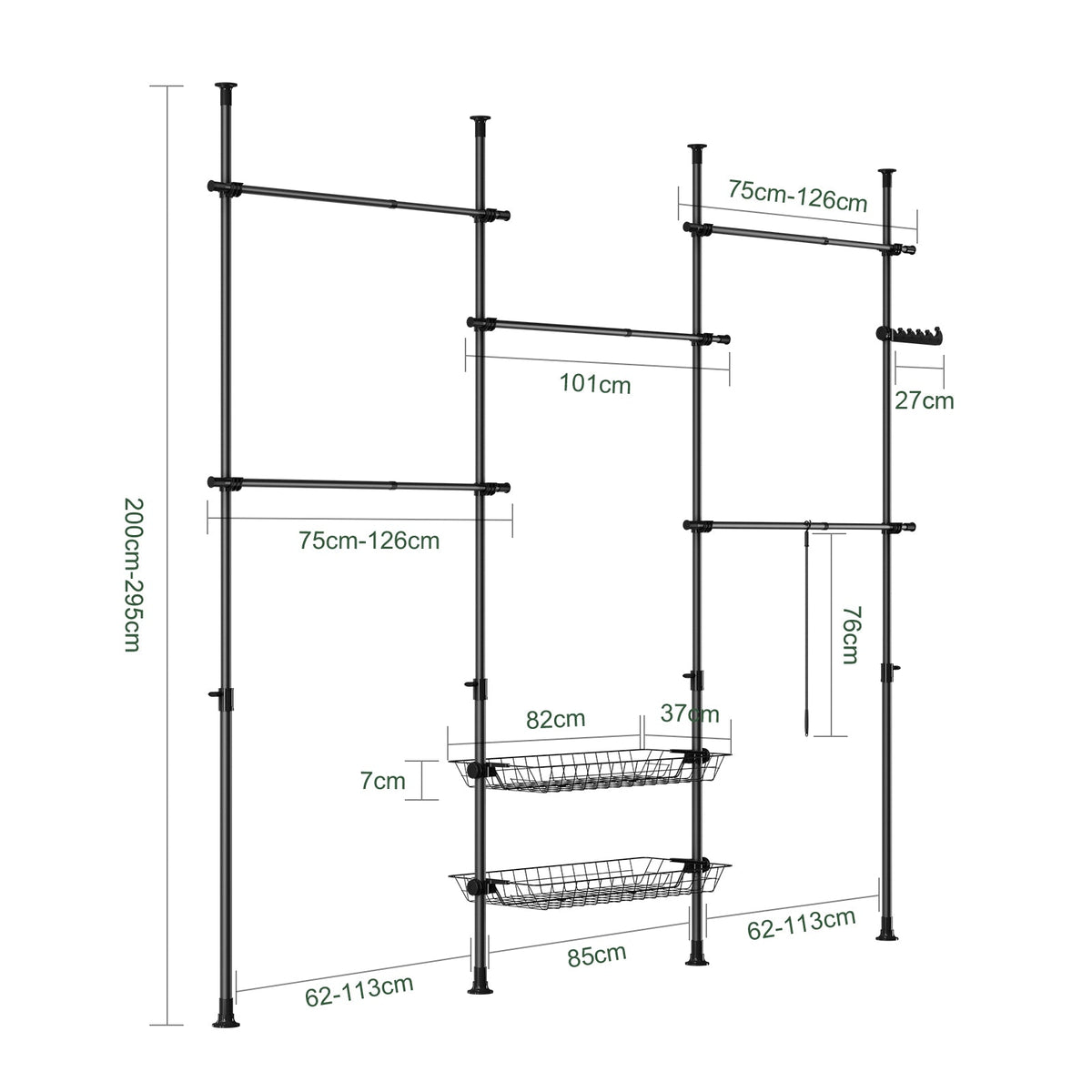SoBuy KLS04-II-SCH Porte-vêtements télescopique - Noir - 209-311 x 200-295 cm - Porte-vêtements robuste en métal avec tringles et étagères
