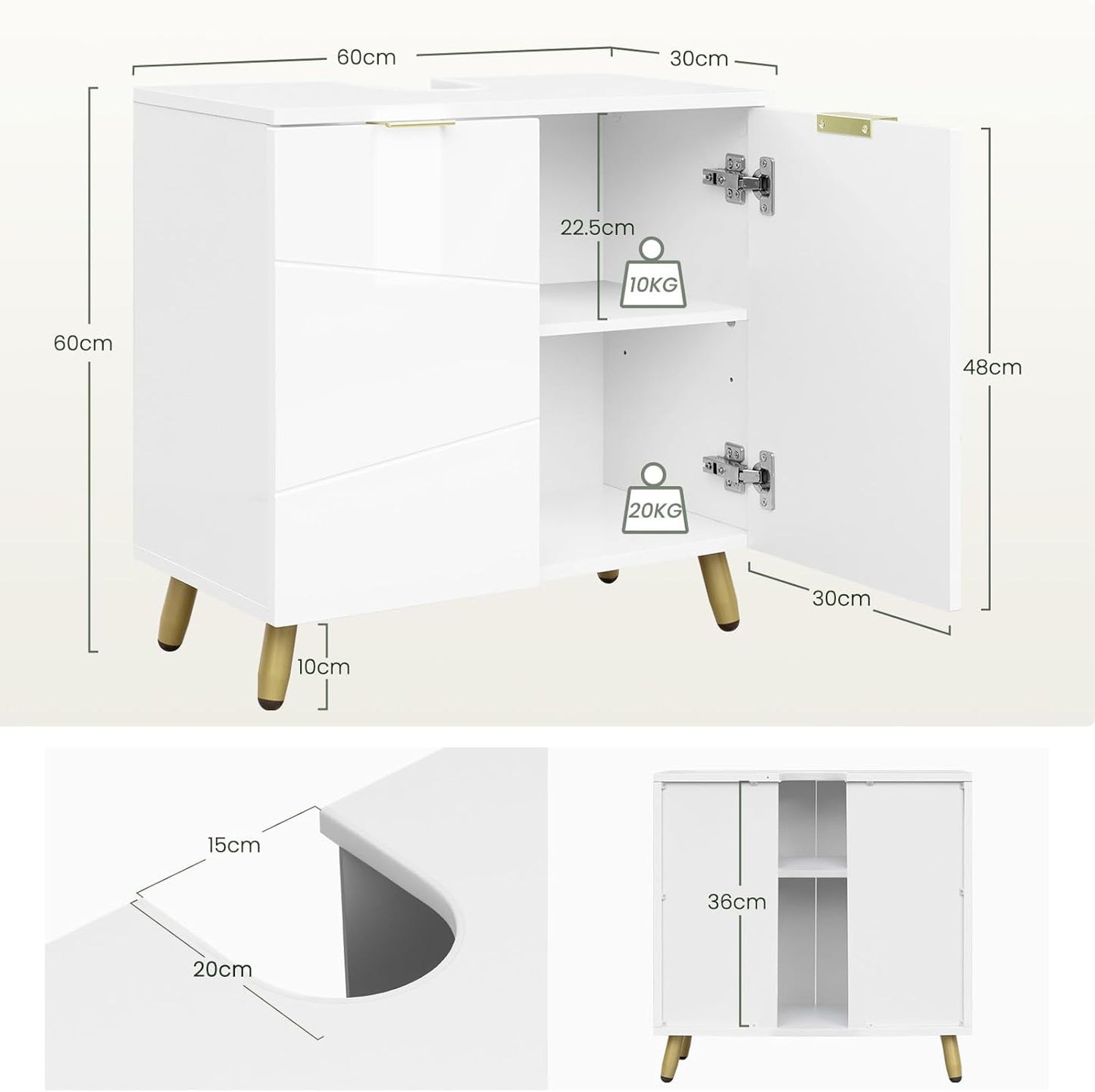 Meuble sous-lavabo EUGAD blanc brillant - 60 x 60 x 30 cm - 2 portes