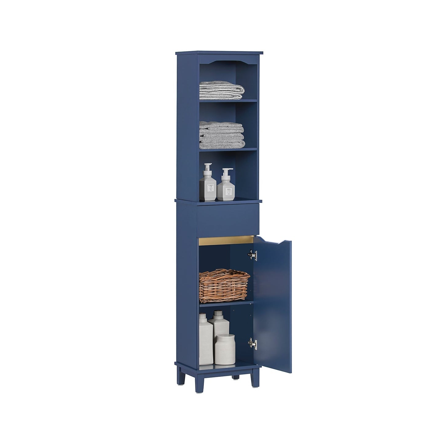 SoBuy Meuble colonne de salle de bain - Meuble haut - 3 étagères - 1 porte - 35 x 30 x 170 cm - Bleu