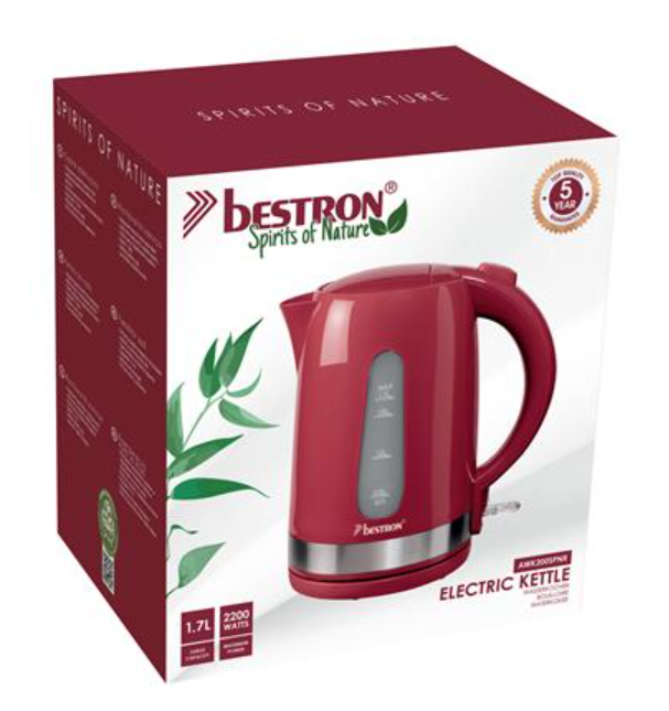 Bouilloire électrique Bestron AWK200SPNR - 1,7 L - 2 200 W - Acier inoxydable/plastique - Rouge