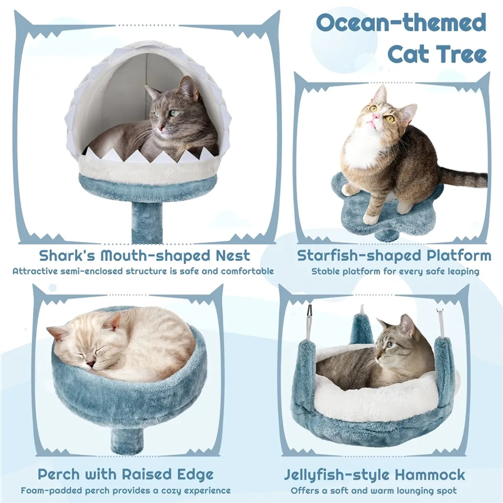 Yaheetech Arbre à chat Ocean Style 115 cm - Bleu/Blanc - Arbre à chat avec maison pour chat, panier de couchage, plateau et poteaux en sisal
