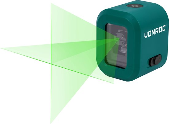VONROC cross line laser- Vert - Batterie 4V- 1800mah - Nivellement automatique - Portée de 18 mètres - Support de montage, câble USB-C et sac de rangement inclus.