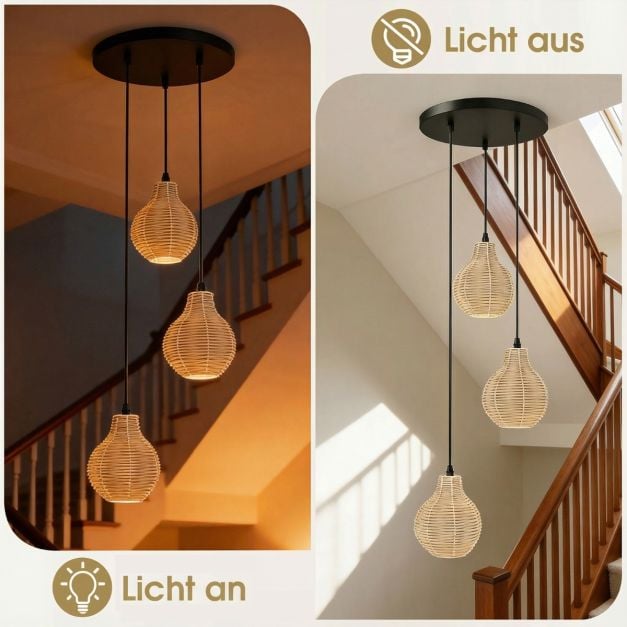 Suspension Coast à 3 lumières en rotin – Réglable de 24 à 102 cm – Ø 30 cm – Noir et beige