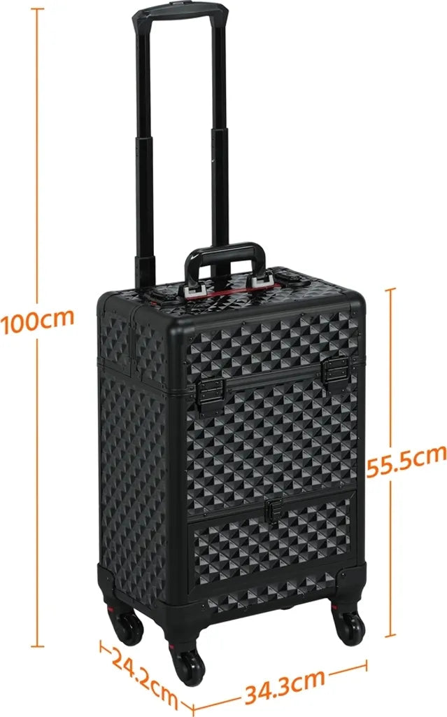 Valise de maquillage à roulettes Yaheetech avec tiroir et poignée télescopique - Noir/Argent - 34,5 x 24,5 x 55,5 cm