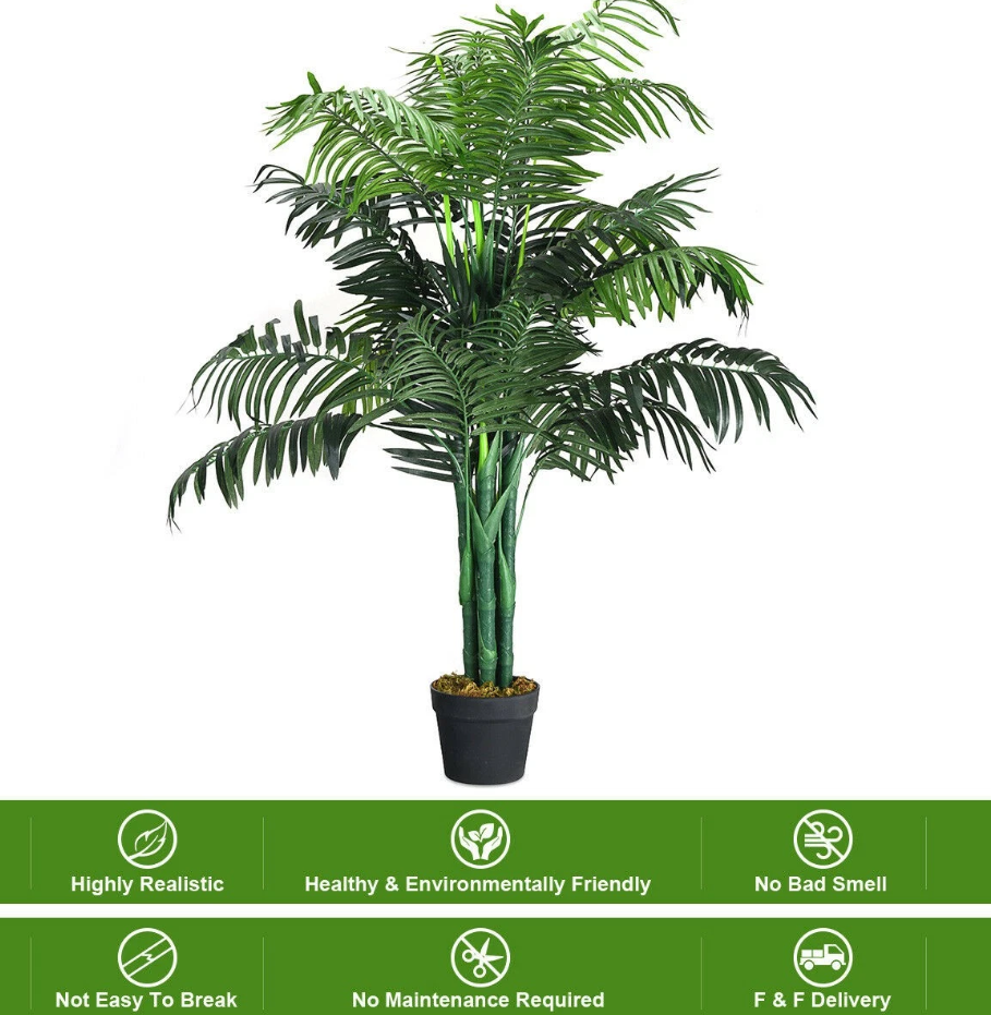 Palmier Areca artificiel de 1,1 mètre de haut - Arbre décoratif en soie avec panier pour l'intérieur et l'extérieur