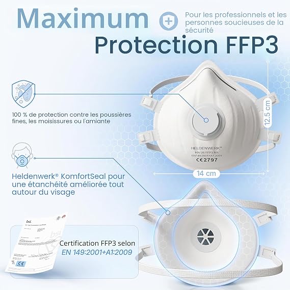 Masque anti-poussière FFP3 « Heldenwerk » avec valve - Lot de 10 - Masque anti-particules fines avec bandeau réglable