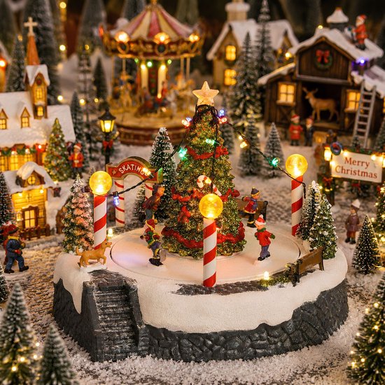 Luville Village de Noël avec scène de sapin et patinoire - Décoration de Noël avec figurines animées et éclairage LED - Guirlande à piles - Guirlandes de Noël d'intérieur - 22 x 22 x 18,5 cm - Blanc