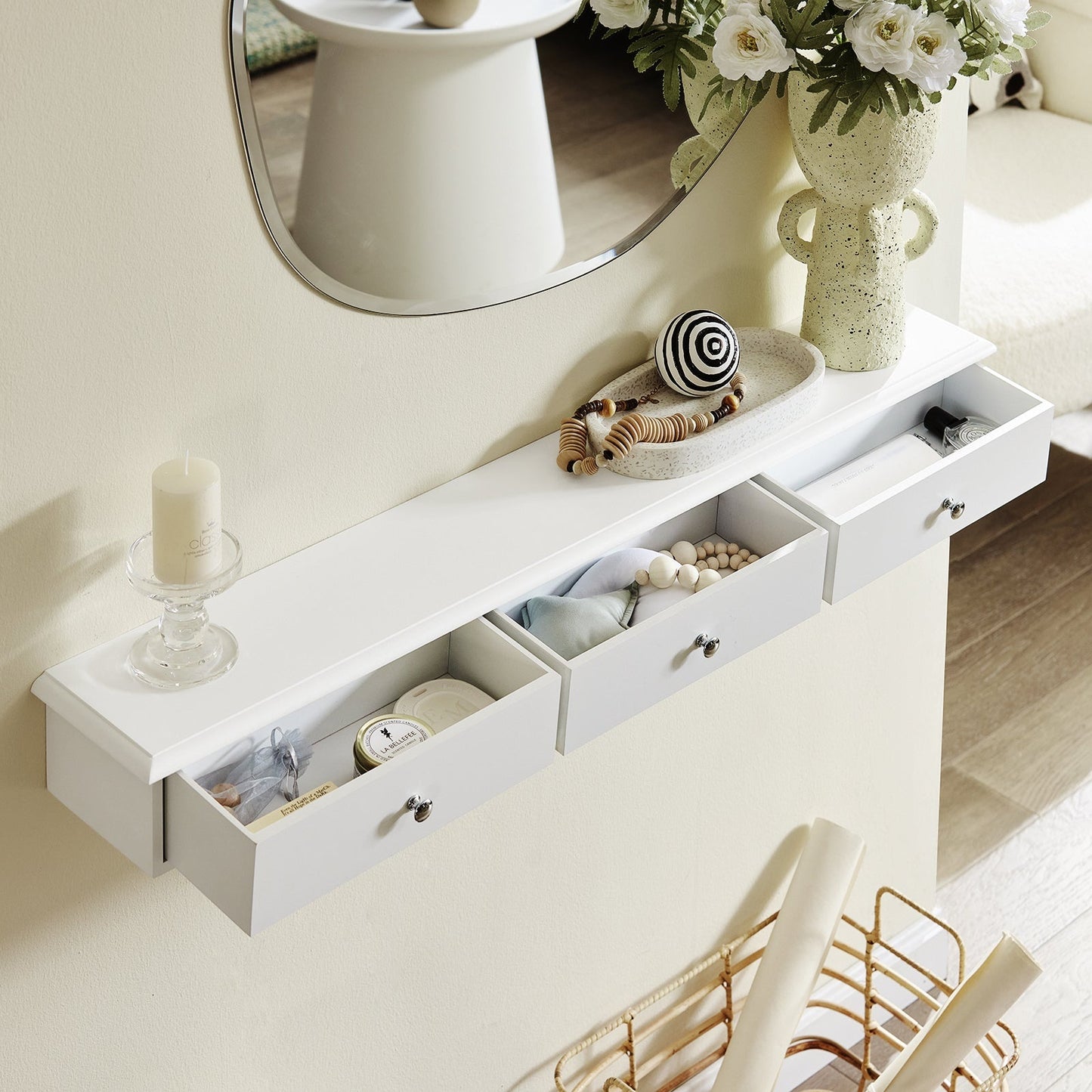SoBuy Etagère murale avec 3 tiroirs - Max. 10 kg - 91 x 15 x 10 cm - Blanc