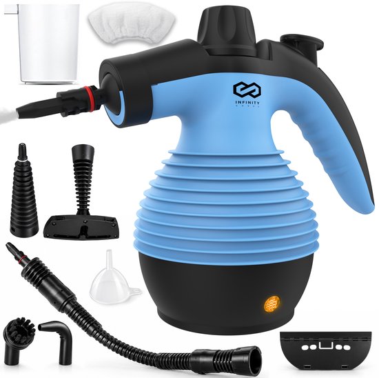 Nettoyeur vapeur Infinity Goods - Nettoyeur vapeur à main 12-en-1 - Nettoyeur vapeur à main - Détachant - Nettoyeur de tapis - 10 embouts - 1 050 watts - 3,2 bars - Bleu