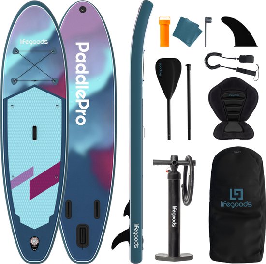 LifeGoods SUP Board All-round Compact - avec siège - capacité de charge de 100 KG - 300 x 76 cm - gonflable - ensemble complet de SUP - bleu/violet