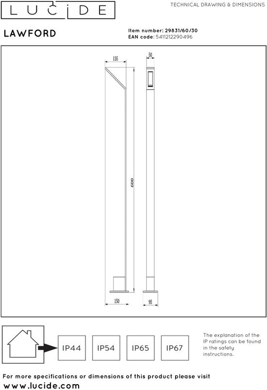 Lucide LAWFORD - Lampe de socle - LED - 1x6 W 3000 K - IP54 - Noir